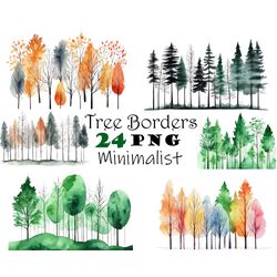 Minimalist Watercolor Tree Borders Clipart PNG Forest Trees Overlays DIY Card Clipart Woodland Trees Borders Forest Edge