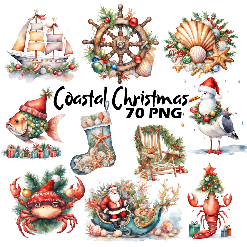 Beach Christmas Coastal Watercolor Clipart Bundle Nautical Christmas Graphics Festive Beach Waterco