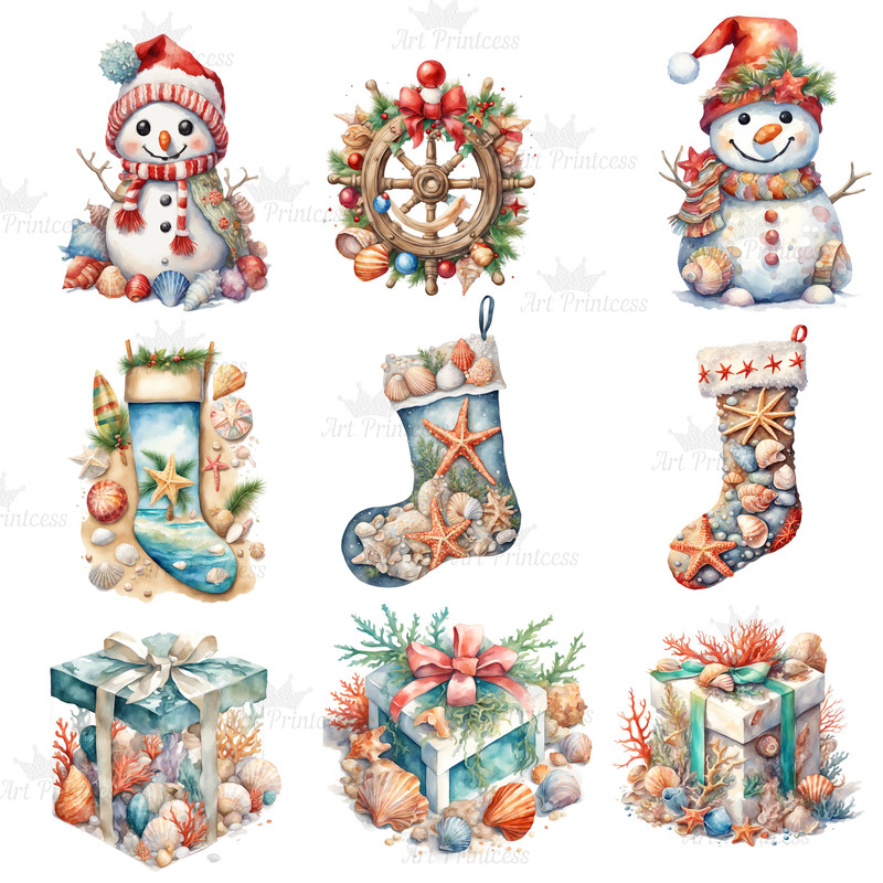 Beach Christmas Coastal Watercolor Clipart Bundle Nautical Christmas Graphics Festive Beach Waterco