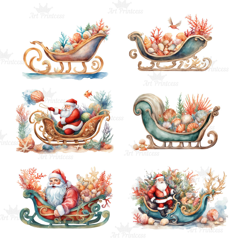 Beach Christmas Coastal Watercolor Clipart Bundle Nautical Christmas Graphics Festive Beach Waterco