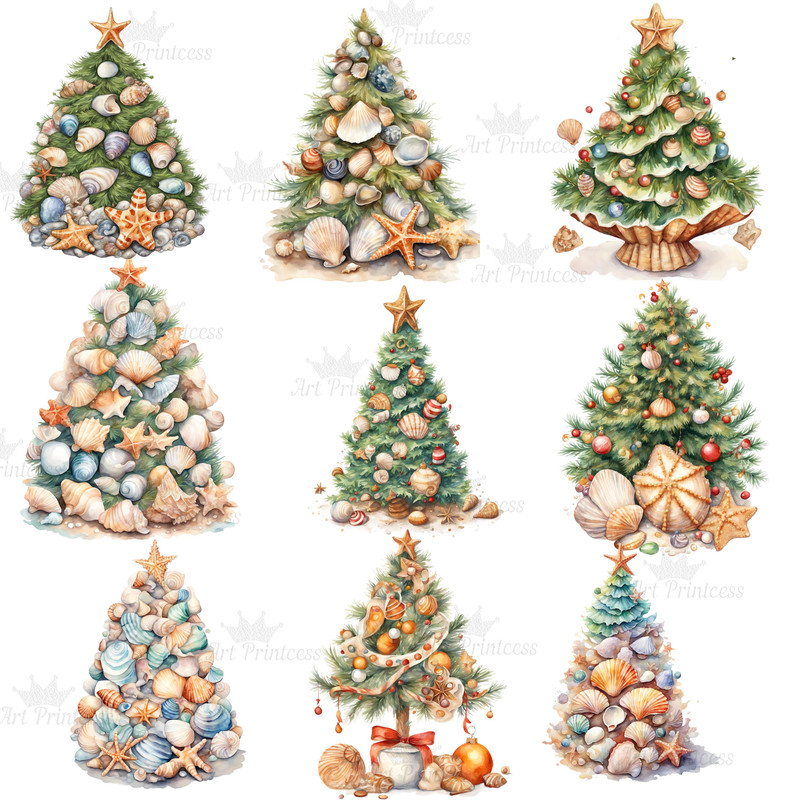 Beach Christmas Coastal Watercolor Clipart Bundle Nautical Christmas Graphics Festive Beach Waterco
