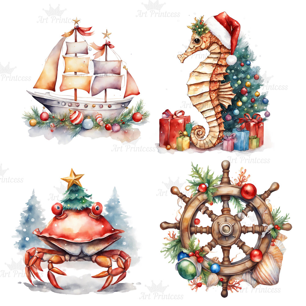 Beach Christmas Coastal Watercolor Clipart Bundle Nautical Christmas Graphics Festive Beach Waterco