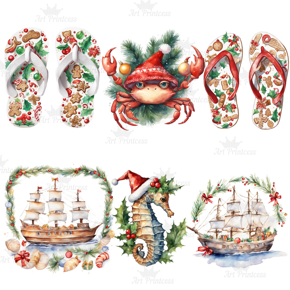 Beach Christmas Coastal Watercolor Clipart Bundle Nautical Christmas Graphics Festive Beach Waterco