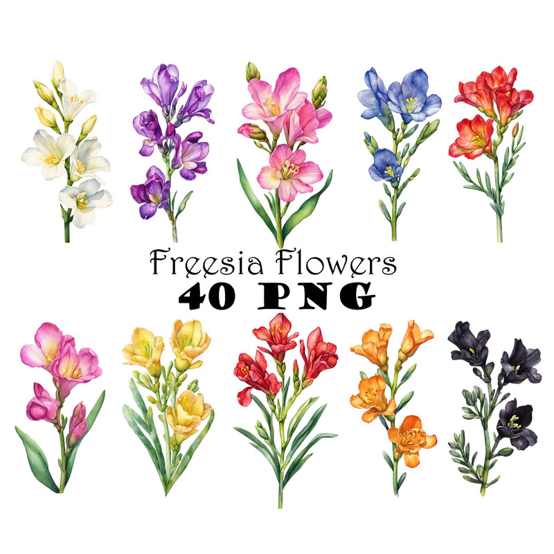 Freesia Flower Watercolor Clipart PNG Freesia Flower Single Stalks Illustrations Printable Garden F 0