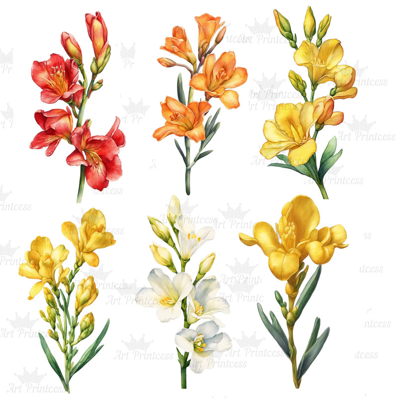 Freesia Flower Watercolor Clipart PNG Freesia Flower Single Stalks Illustrations Printable Garden F 7