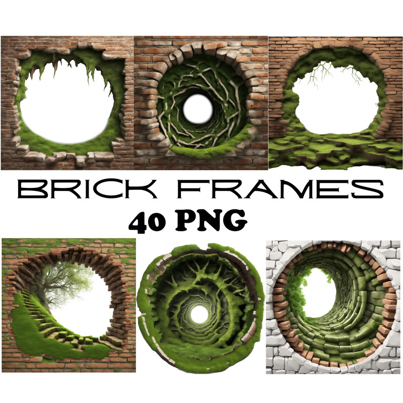 Mossy Bricks 3D Effect Hole Woodland Cave Border Frames PNG Forest Bricks Digital Overlays Breakthr 0