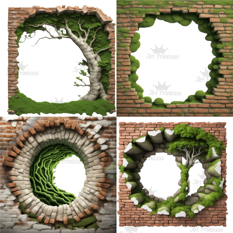 Mossy Bricks 3D Effect Hole Woodland Cave Border Frames PNG Forest Bricks Digital Overlays Breakthr 1