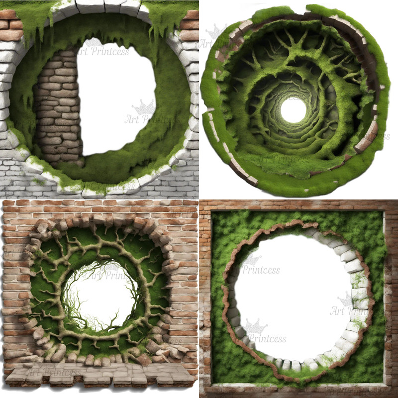 Mossy Bricks 3D Effect Hole Woodland Cave Border Frames PNG Forest Bricks Digital Overlays Breakthr 2