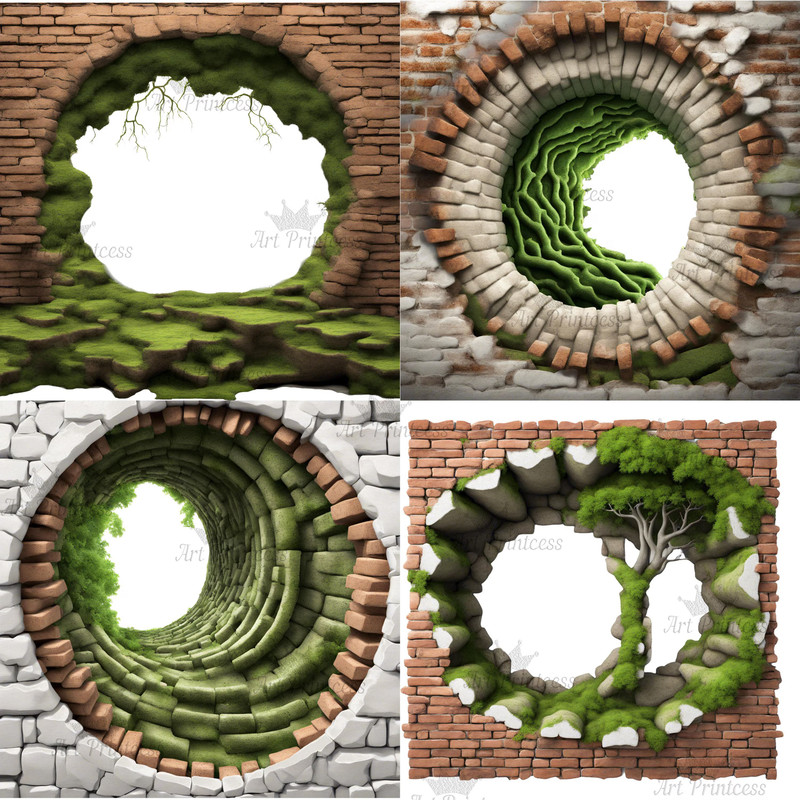 Mossy Bricks 3D Effect Hole Woodland Cave Border Frames PNG Forest Bricks Digital Overlays Breakthr 3