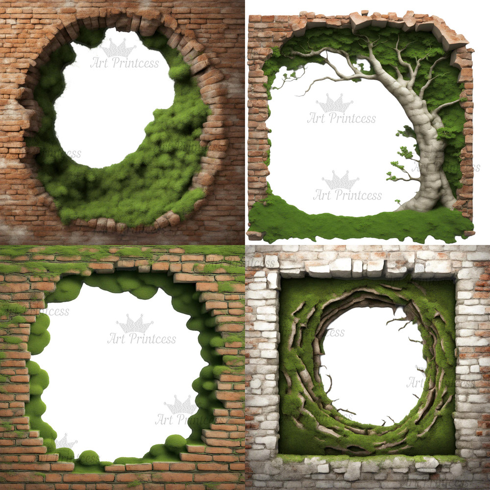 Mossy Bricks 3D Effect Hole Woodland Cave Border Frames PNG Forest Bricks Digital Overlays Breakthr 4