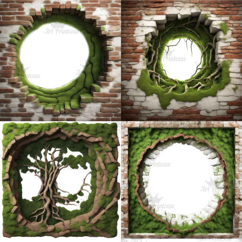 Mossy Bricks 3D Effect Hole Woodland Cave Border Frames PNG Forest Bricks Digital Overlays Breakthr 5