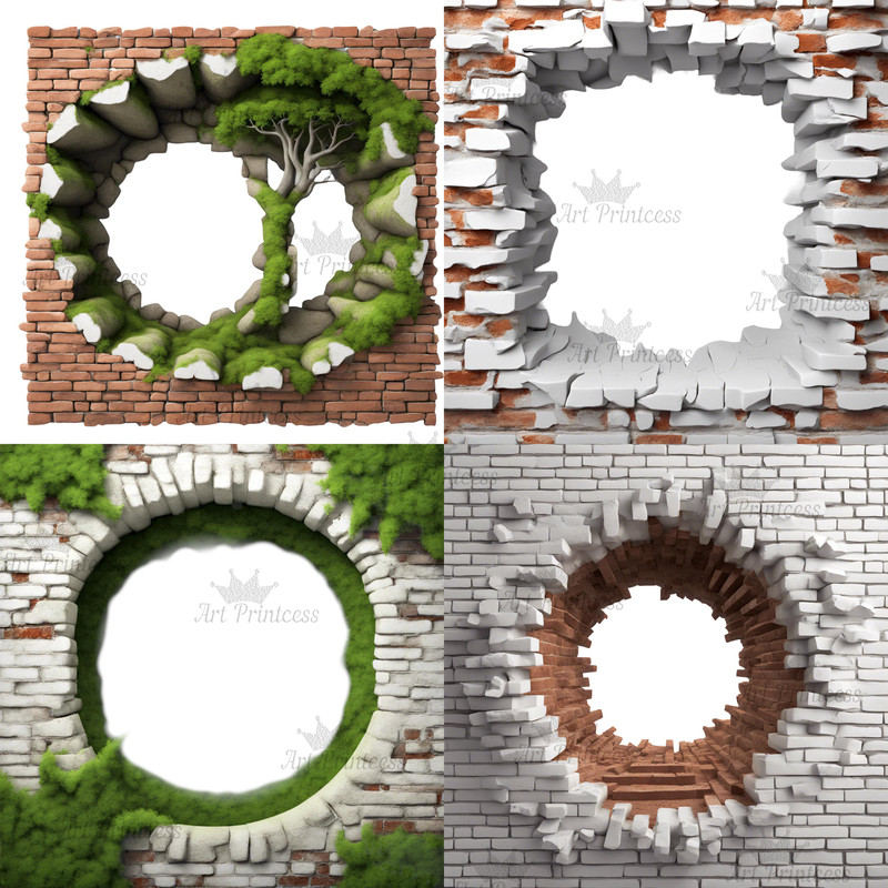 Mossy Bricks 3D Effect Hole Woodland Cave Border Frames PNG Forest Bricks Digital Overlays Breakthr 6