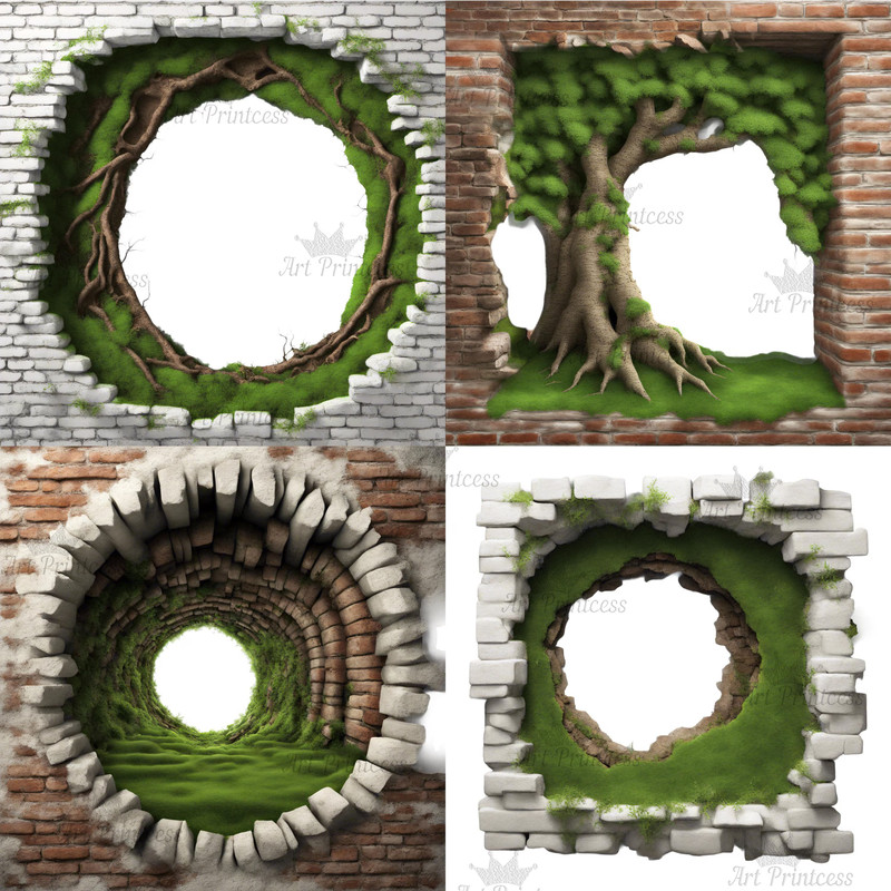 Mossy Bricks 3D Effect Hole Woodland Cave Border Frames PNG Forest Bricks Digital Overlays Breakthr 8
