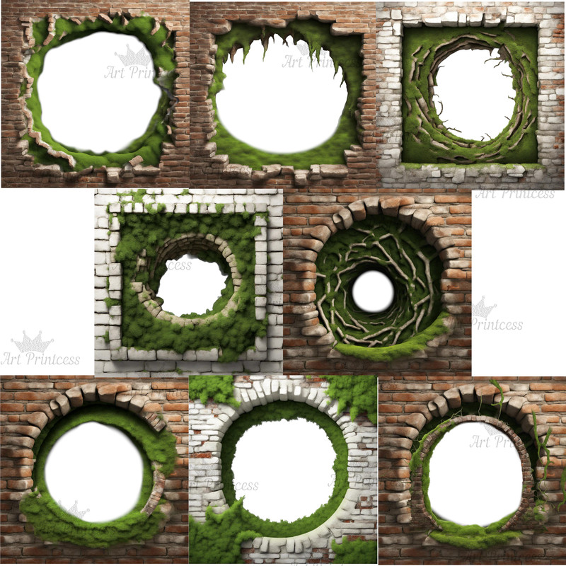 Mossy Bricks 3D Effect Hole Woodland Cave Border Frames PNG Forest Bricks Digital Overlays Breakthr 9