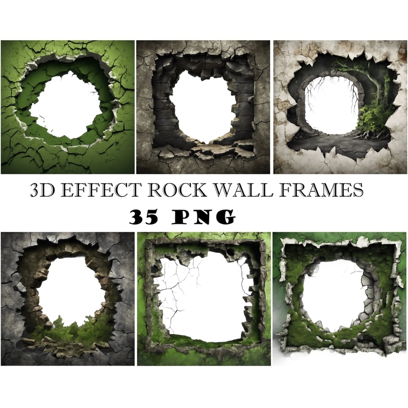 Breakthrough Wall Crack 3D Effect Border Frame Rock Cave Entrance Hole 3D Woodland Overlays Wild Fo 0