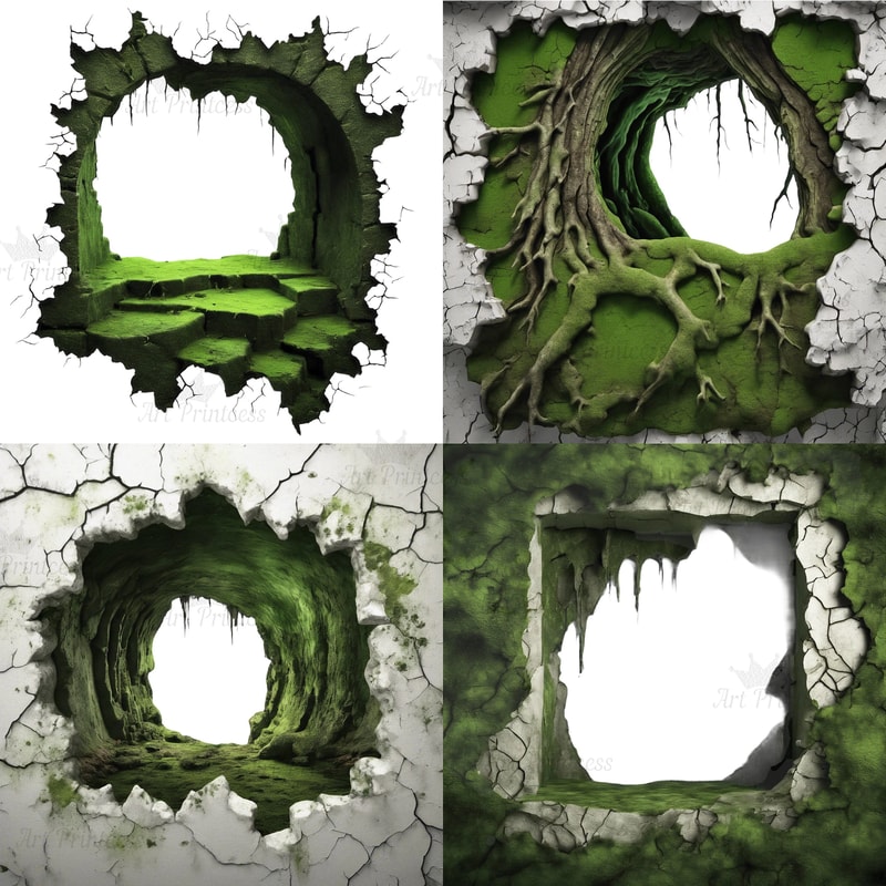 Breakthrough Wall Crack 3D Effect Border Frame Rock Cave Entrance Hole 3D Woodland Overlays Wild Fo 3