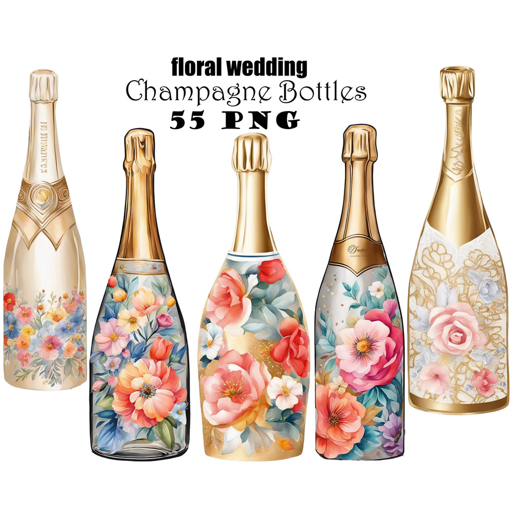 Painted Floral Wedding Champagne Bottle Watercolor Clipart PNG Veuve Clicqout Clipart DIY Wedding C 0