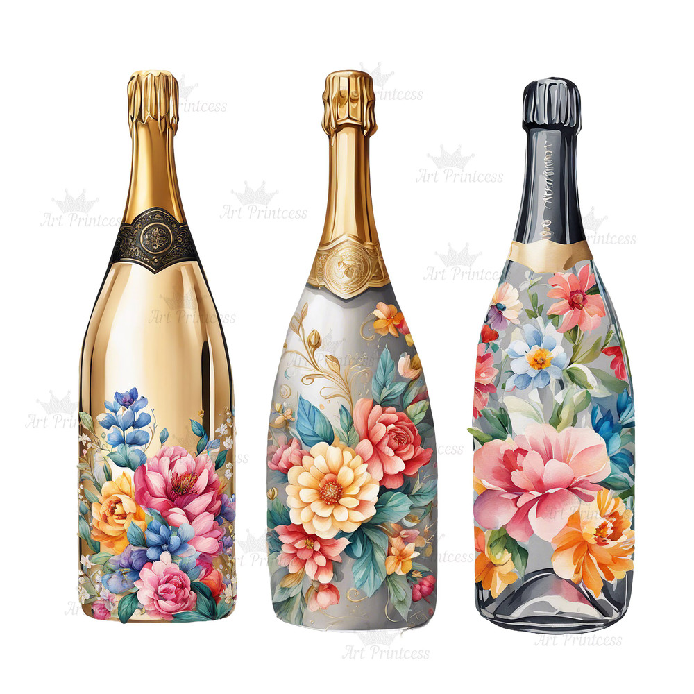 Painted Floral Wedding Champagne Bottle Watercolor Clipart PNG Veuve Clicqout Clipart DIY Wedding C 2