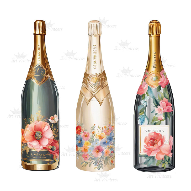 Painted Floral Wedding Champagne Bottle Watercolor Clipart PNG Veuve Clicqout Clipart DIY Wedding C 3