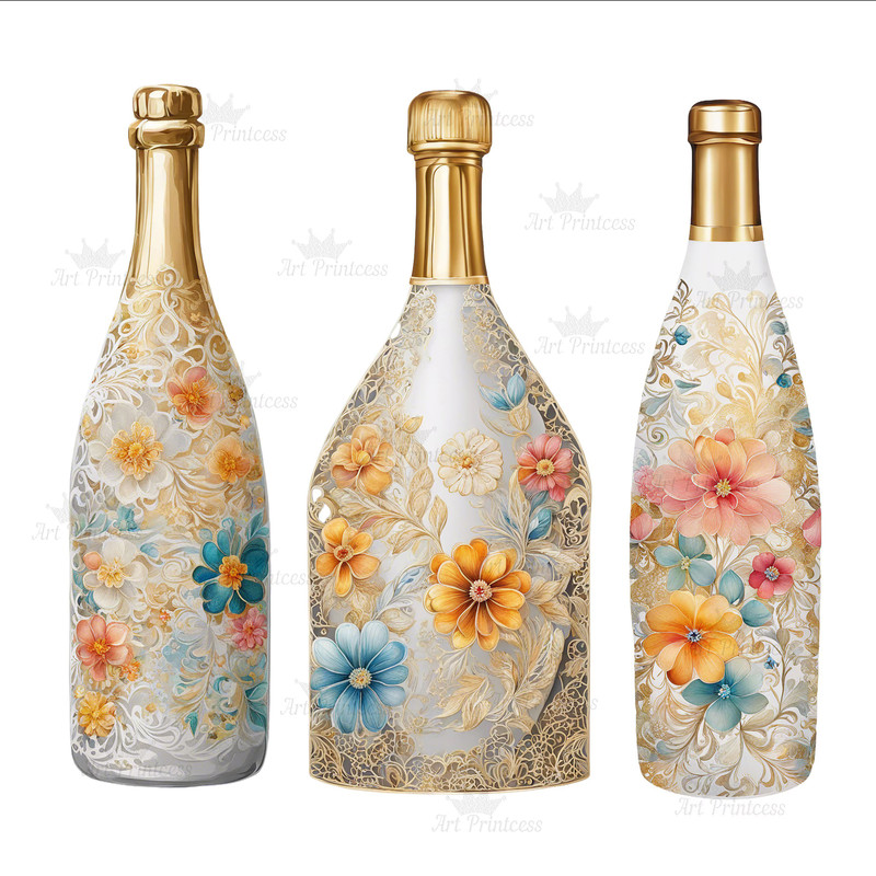 Painted Floral Wedding Champagne Bottle Watercolor Clipart PNG Veuve Clicqout Clipart DIY Wedding C 5