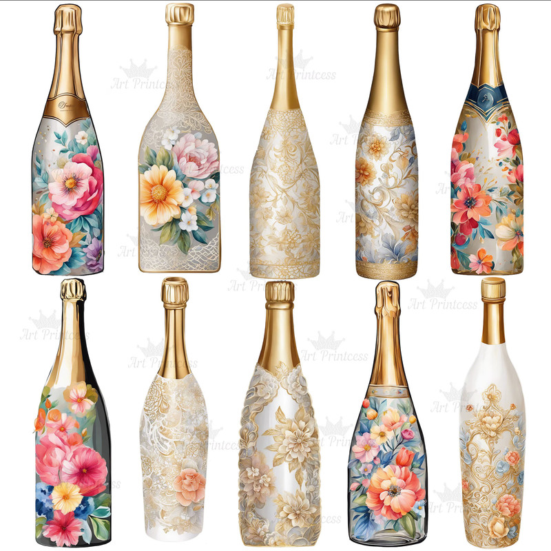 Painted Floral Wedding Champagne Bottle Watercolor Clipart PNG Veuve Clicqout Clipart DIY Wedding C 7