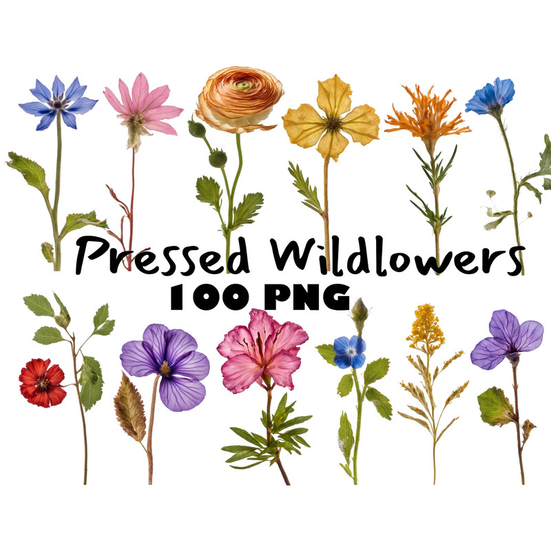 Real Dried Pressed Wildflowers Photo Clipart Bundle PNG Dried Plants Transparent Background Digital 0