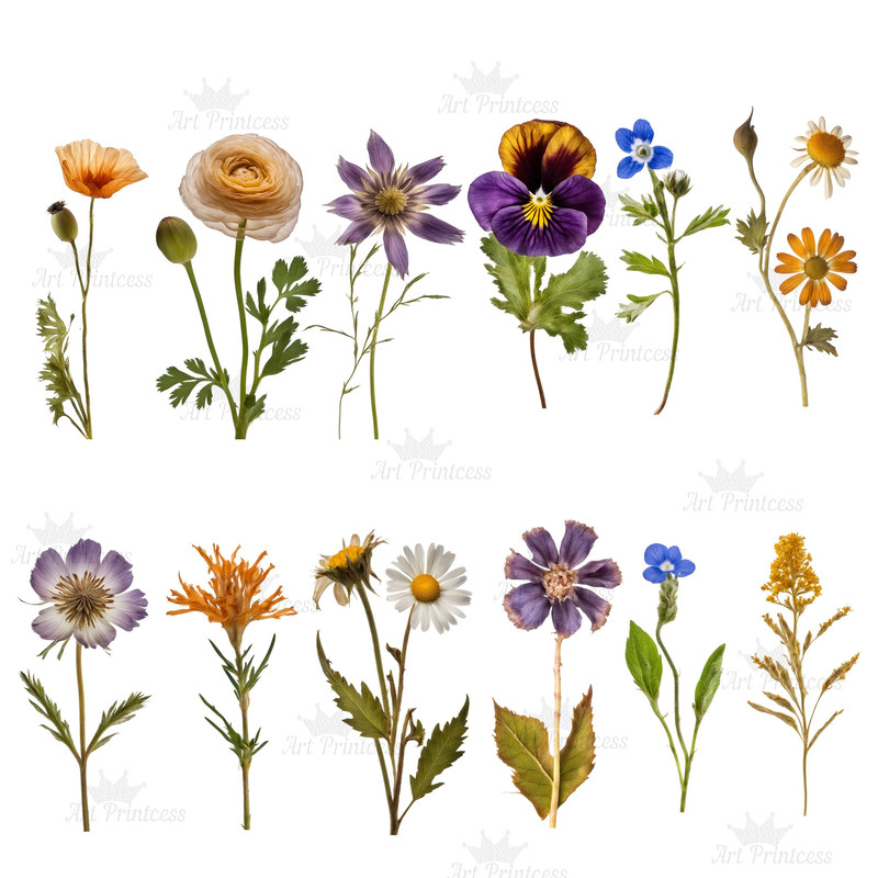 Real Dried Pressed Wildflowers Photo Clipart Bundle PNG Dried Plants Transparent Background Digital 3