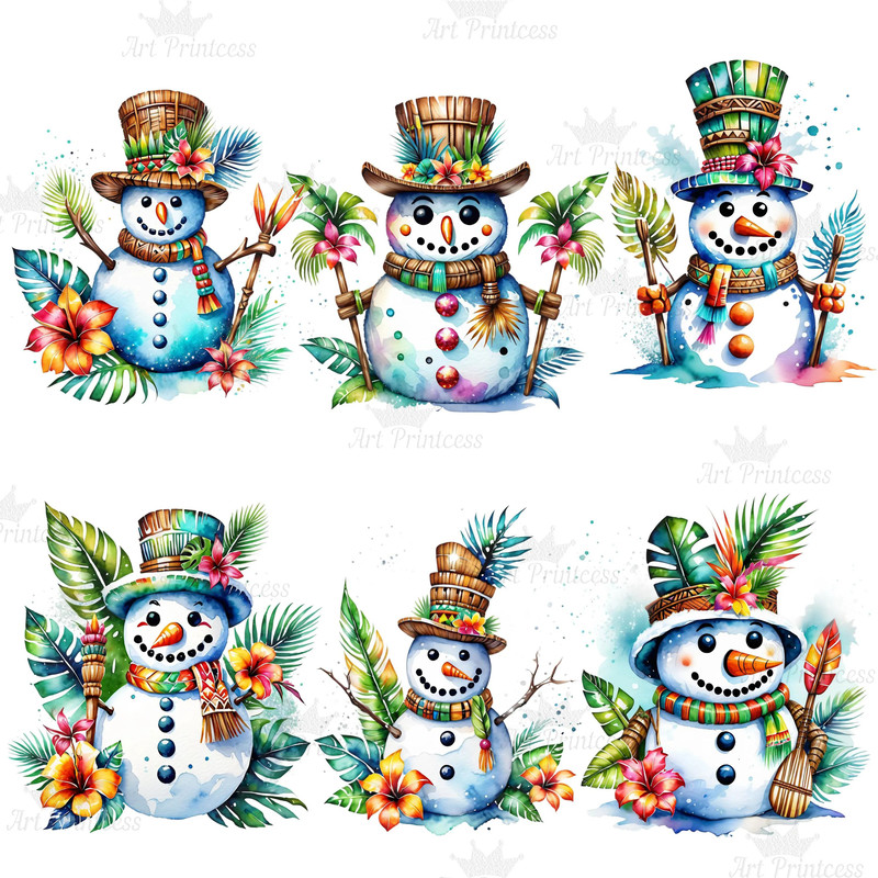 Coastal Tropical Watercolor Snowman Clipart PNG Tropical Winter Graphics Seaside Christmas Illustra 1