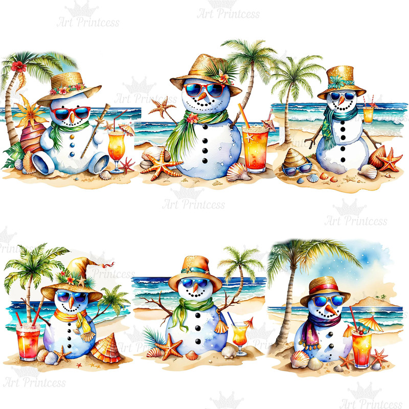 Coastal Tropical Watercolor Snowman Clipart PNG Tropical Winter Graphics Seaside Christmas Illustra 6