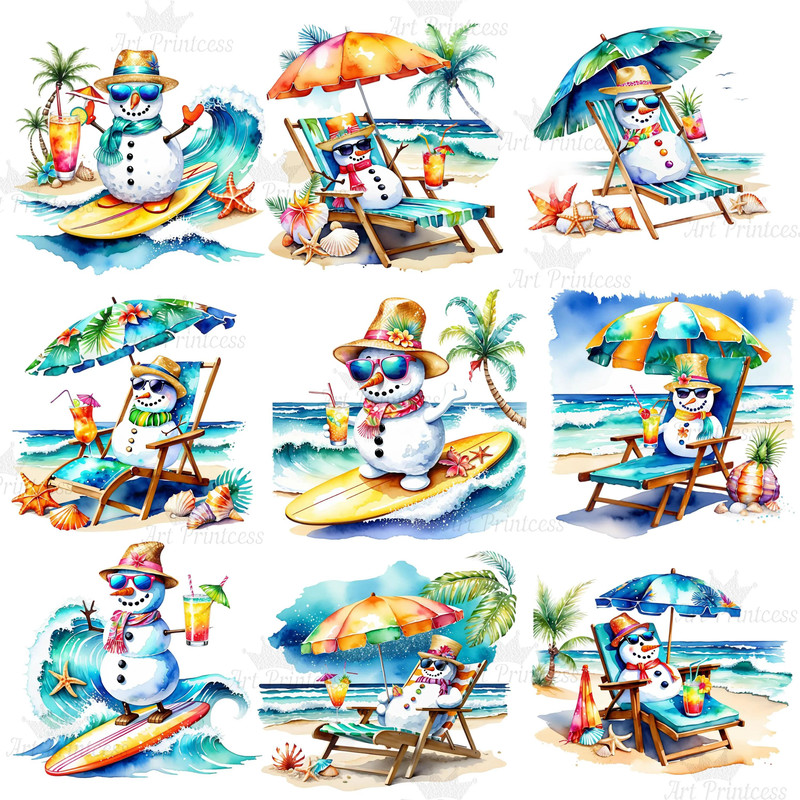 Coastal Tropical Watercolor Snowman Clipart PNG Tropical Winter Graphics Seaside Christmas Illustra 7