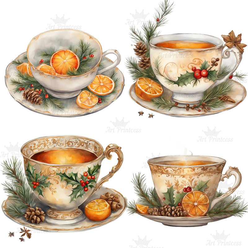 Christmas Tea Party Clip Art Winter Holiday Tea Cups Xmas Tea Pot PNG Holiday Tea Instant Download 3