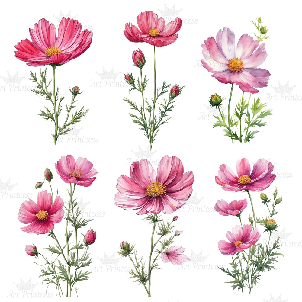 Cosmos Flower Watercolor Clipart PNG Digital Download Bundle Pink Purple Wildflowers Clipart Illust 3