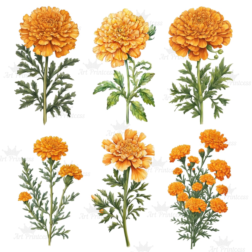 Marigold Flower Vintage Watercolor Clipart PNG Marigold Flower Digital Download Bundle Calendula Fl 3