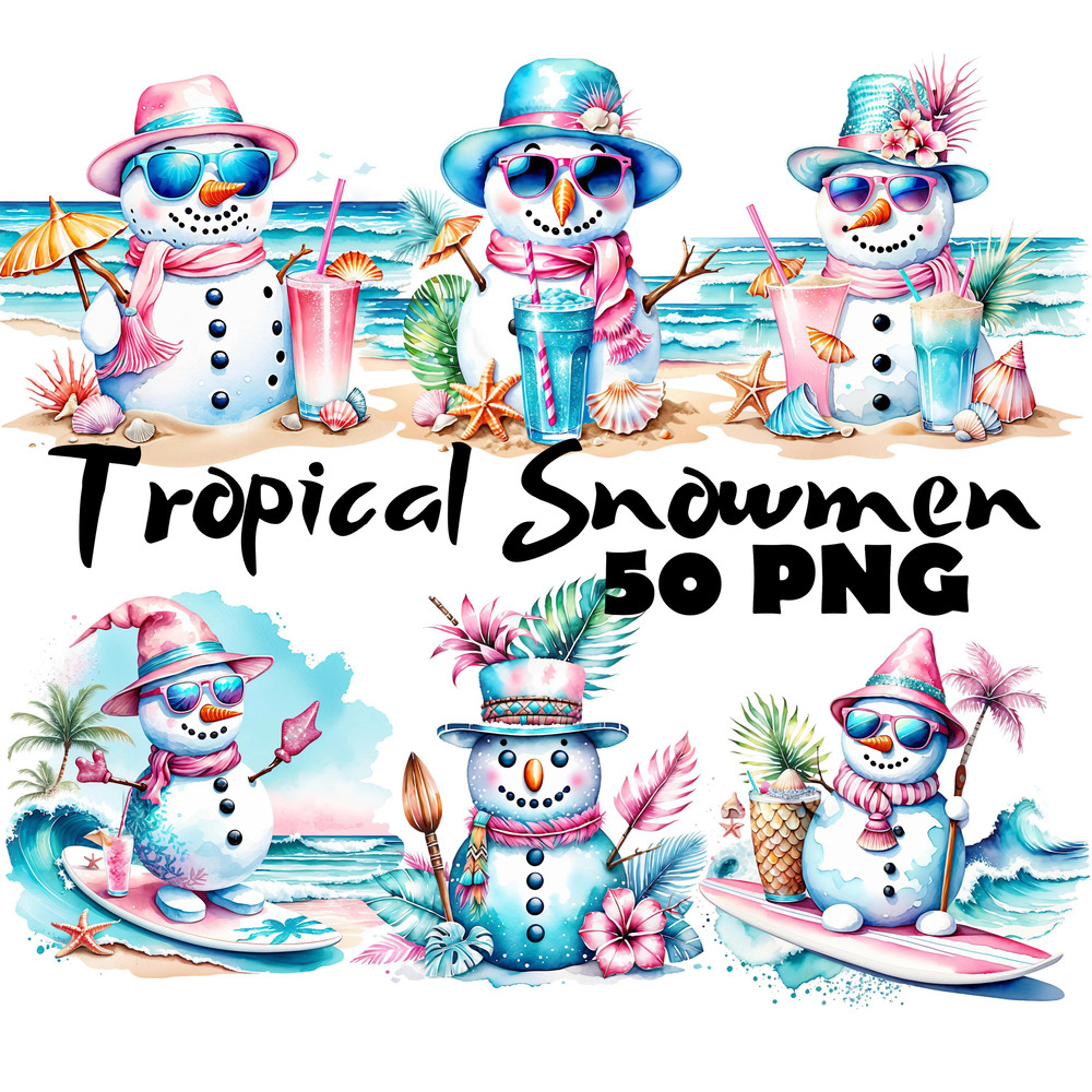 Coastal Tropical Watercolor Preppy Snowman Clipart PNG Tropical Winter Graphics Seaside Christmas C 0