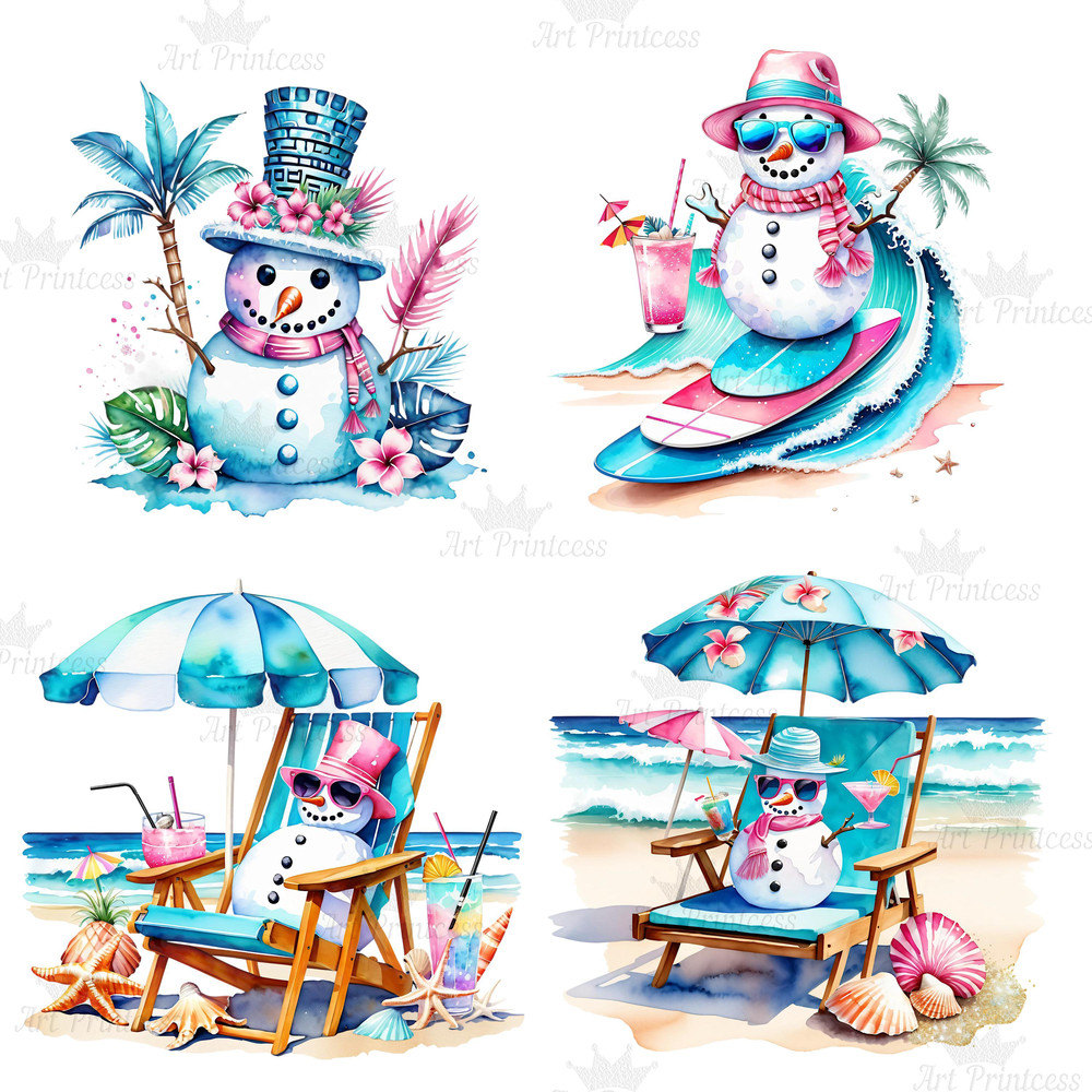 Coastal Tropical Watercolor Preppy Snowman Clipart PNG Tropical Winter Graphics Seaside Christmas C 1