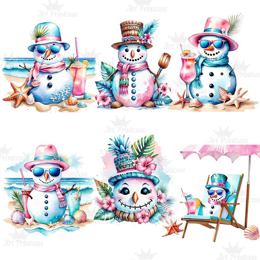Coastal Tropical Watercolor Preppy Snowman Clipart PNG Tropical Winter Graphics Seaside Christmas C 2