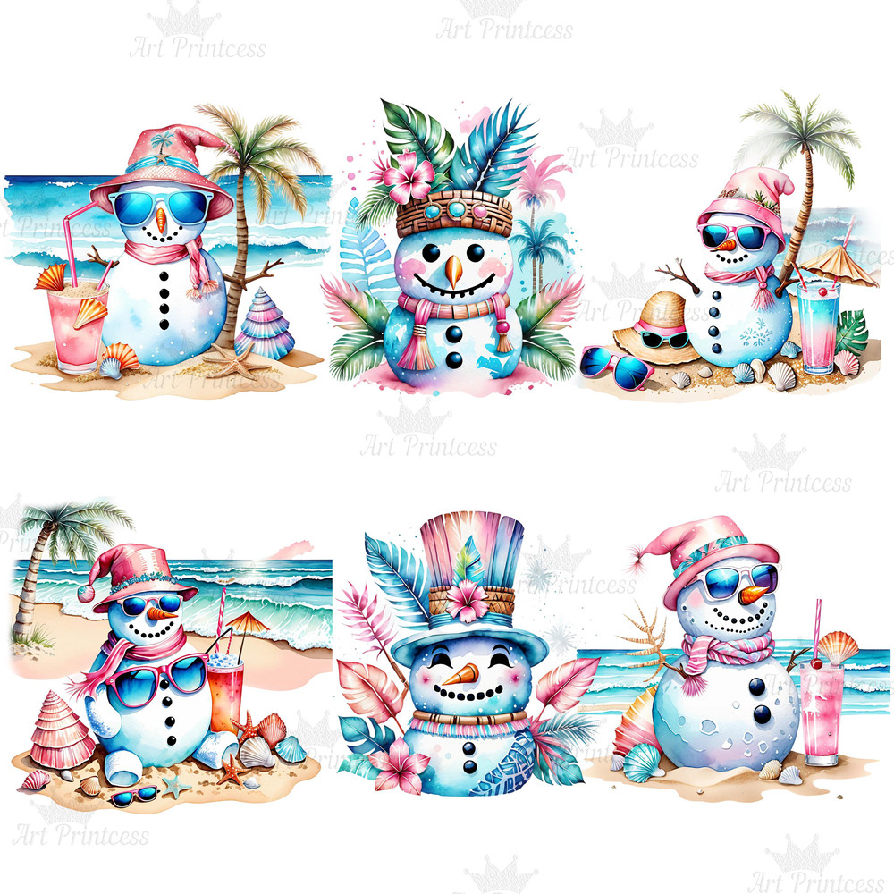 Coastal Tropical Watercolor Preppy Snowman Clipart PNG Tropical Winter Graphics Seaside Christmas C 3