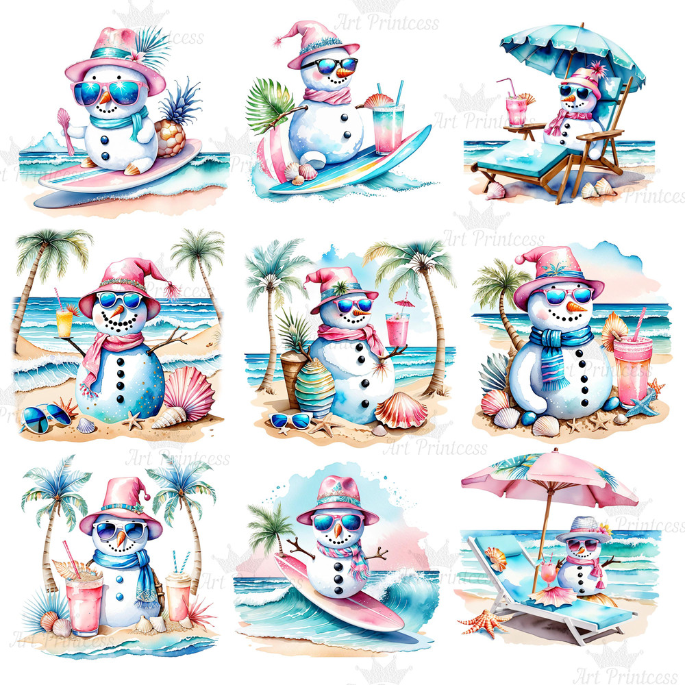 Coastal Tropical Watercolor Preppy Snowman Clipart PNG Tropical Winter Graphics Seaside Christmas C 4