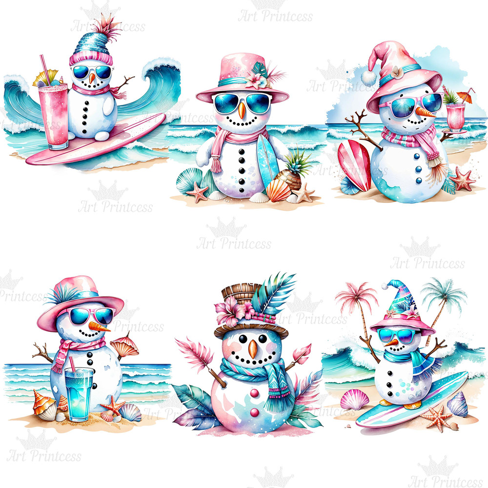 Coastal Tropical Watercolor Preppy Snowman Clipart PNG Tropical Winter Graphics Seaside Christmas C 5