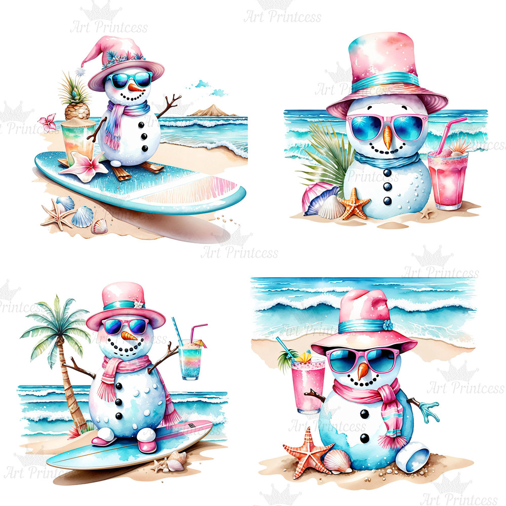 Coastal Tropical Watercolor Preppy Snowman Clipart PNG Tropical Winter Graphics Seaside Christmas C 6