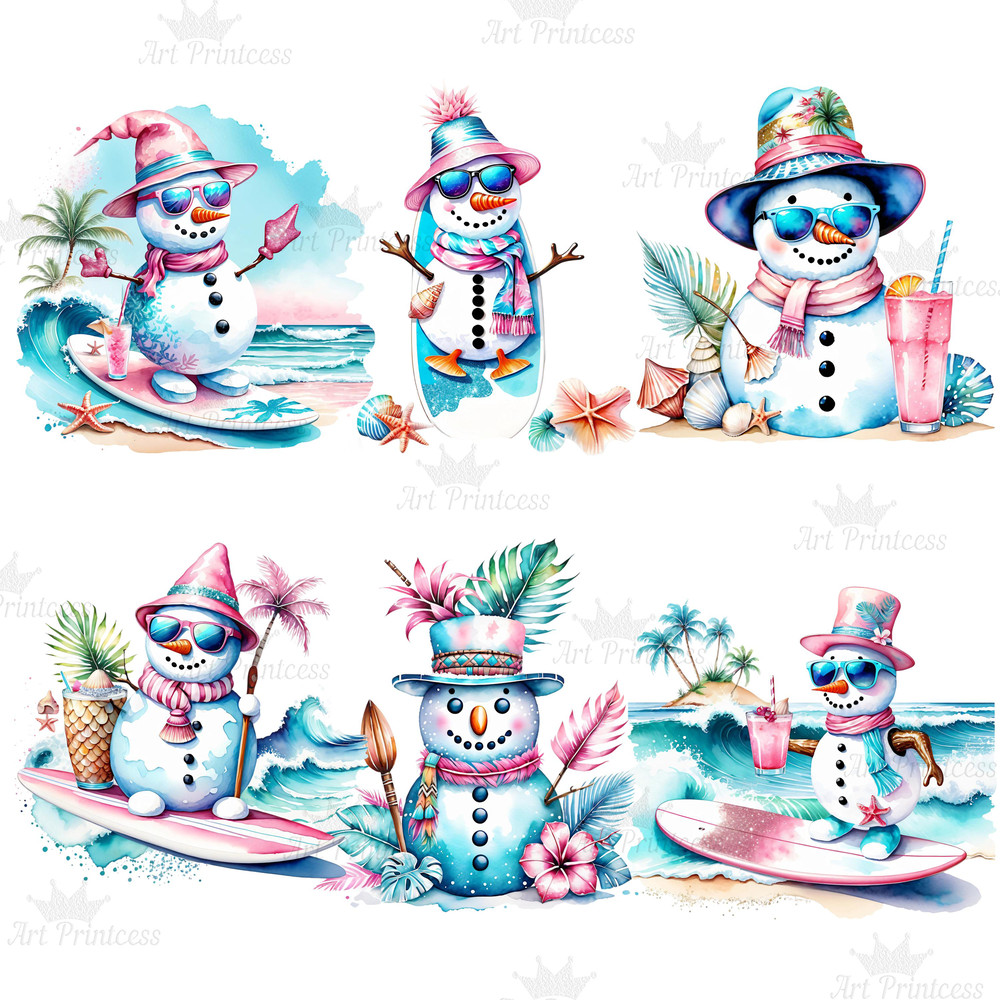 Coastal Tropical Watercolor Preppy Snowman Clipart PNG Tropical Winter Graphics Seaside Christmas C 7