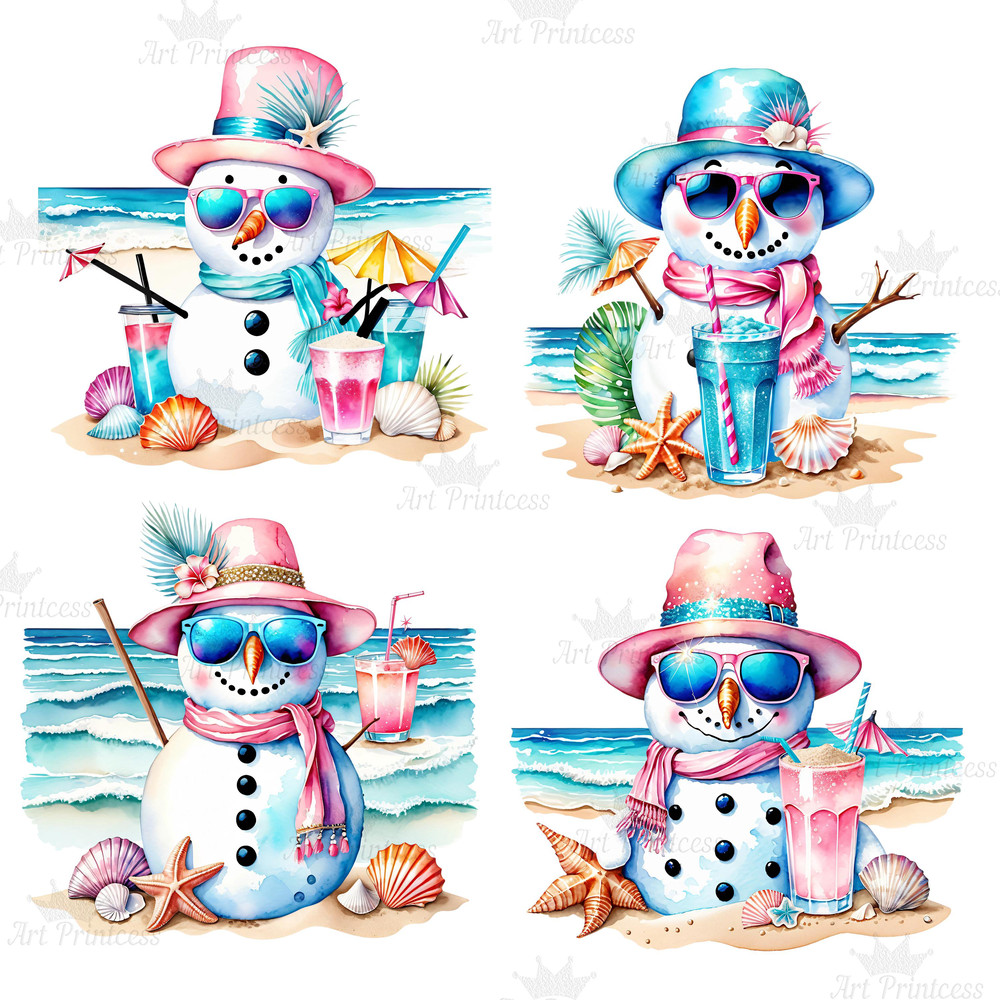 Coastal Tropical Watercolor Preppy Snowman Clipart PNG Tropical Winter Graphics Seaside Christmas C 8