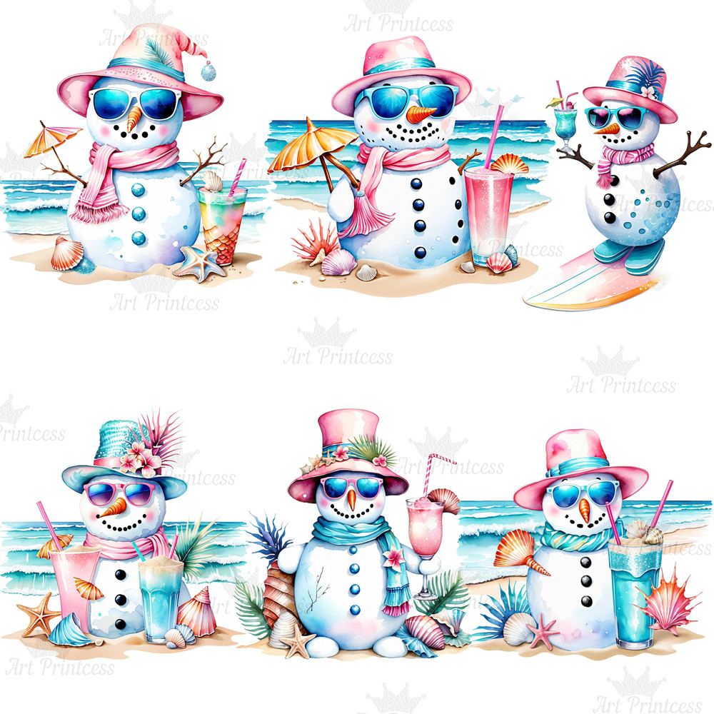 Coastal Tropical Watercolor Preppy Snowman Clipart PNG Tropical Winter Graphics Seaside Christmas C 9