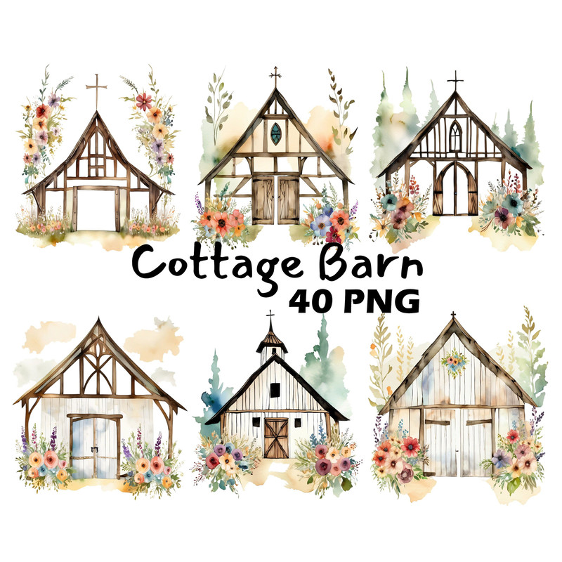 Cottage Farmhouse Watercolor Wedding Barn Clipart Transparent Background Rustic Barn Chapel Graphic