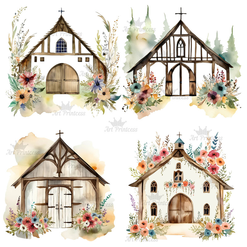 Cottage Farmhouse Watercolor Wedding Barn Clipart Transparent Background Rustic Barn Chapel Graphic
