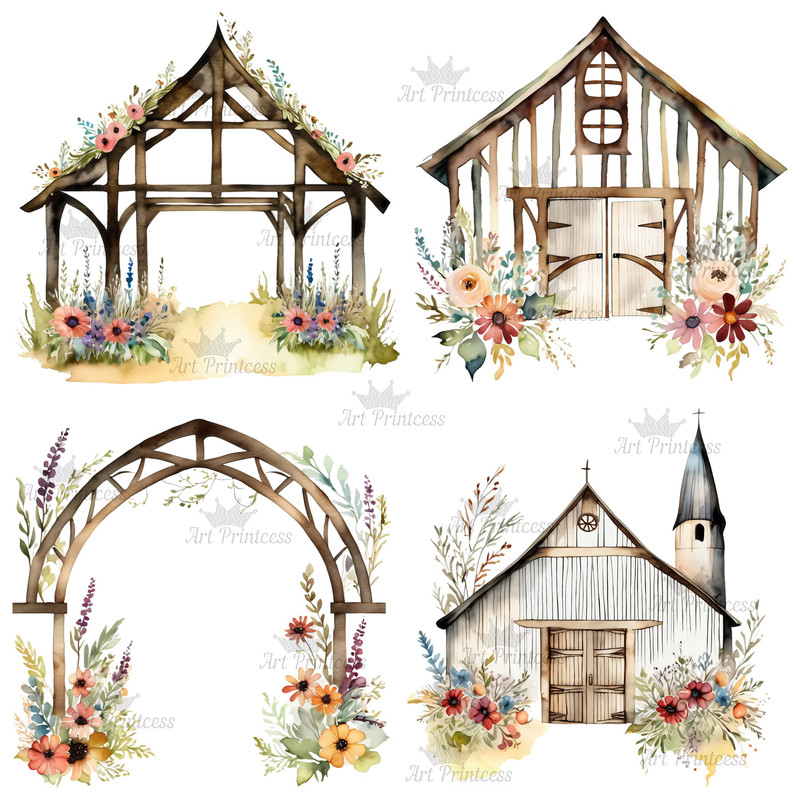 Cottage Farmhouse Watercolor Wedding Barn Clipart Transparent Background Rustic Barn Chapel Graphic