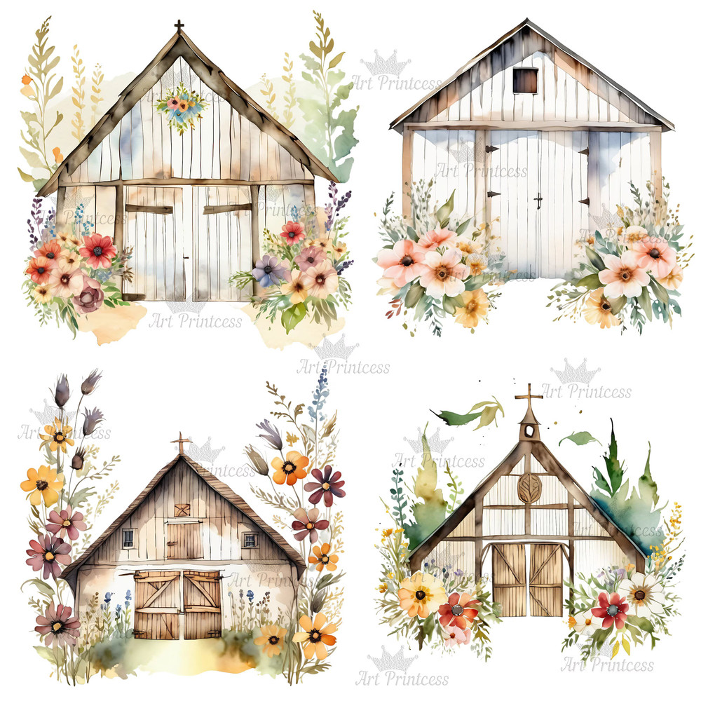 Cottage Farmhouse Watercolor Wedding Barn Clipart Transparent Background Rustic Barn Chapel Graphic