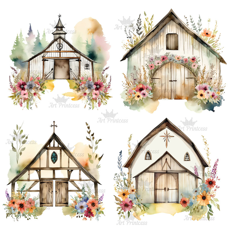 Cottage Farmhouse Watercolor Wedding Barn Clipart Transparent Background Rustic Barn Chapel Graphic