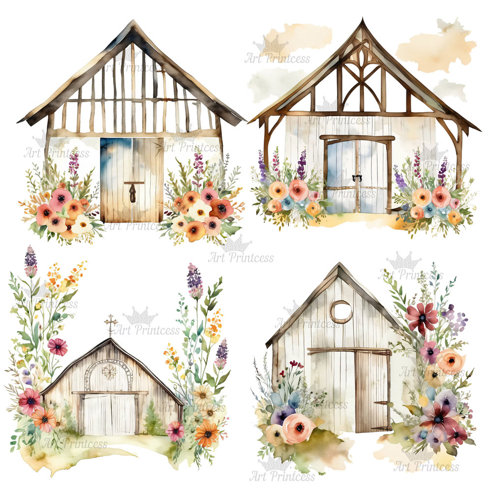 Cottage Farmhouse Watercolor Wedding Barn Clipart Transparent Background Rustic Barn Chapel Graphic