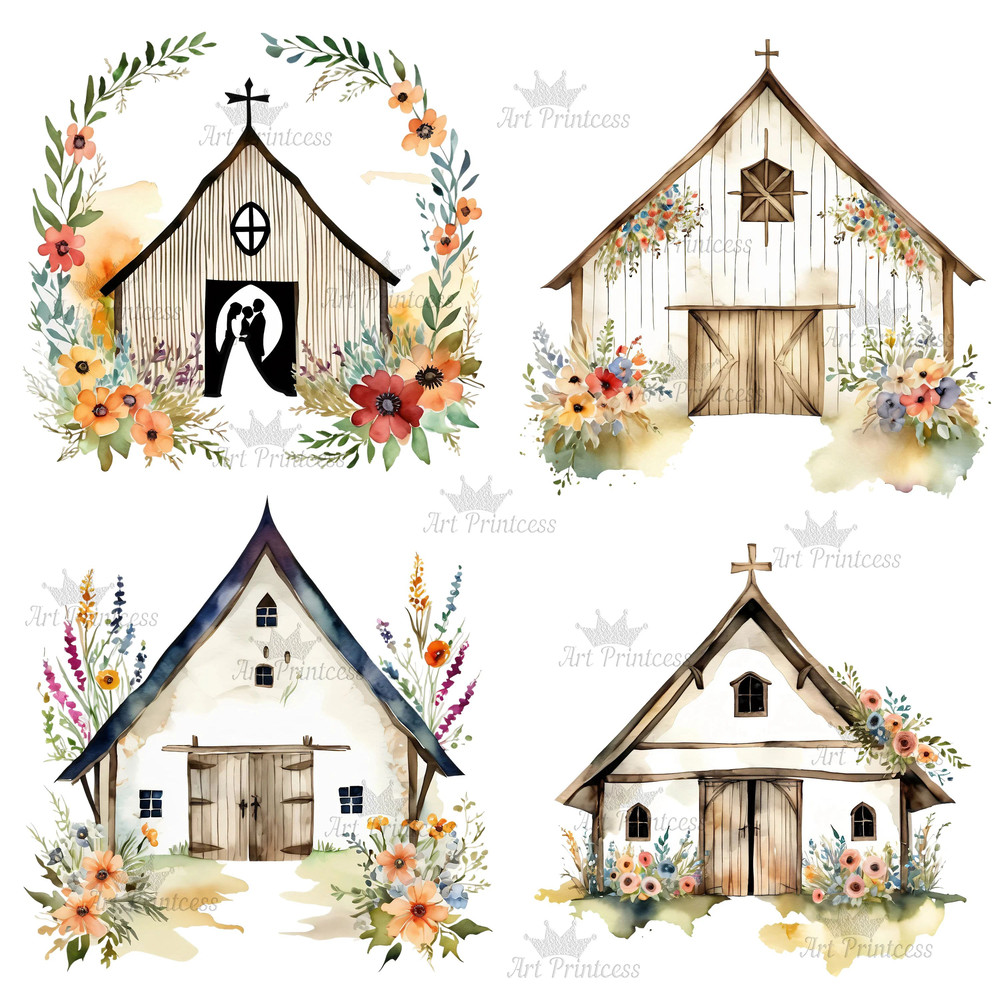 Cottage Farmhouse Watercolor Wedding Barn Clipart Transparent Background Rustic Barn Chapel Graphic 7